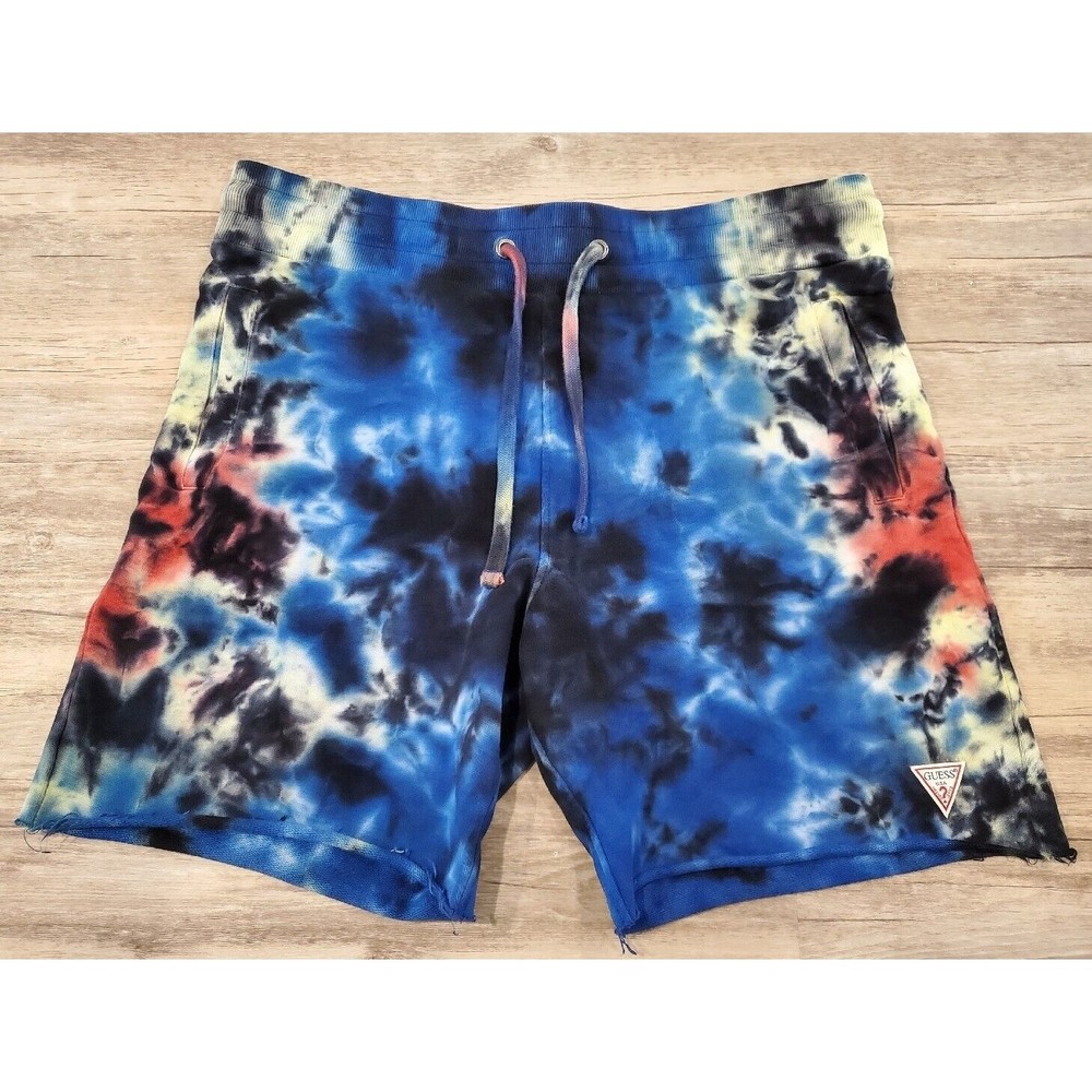 GUESS Tie Dye French Terry Cloth Sweat Shorts 7" Inseam Frayed Hem Sz L